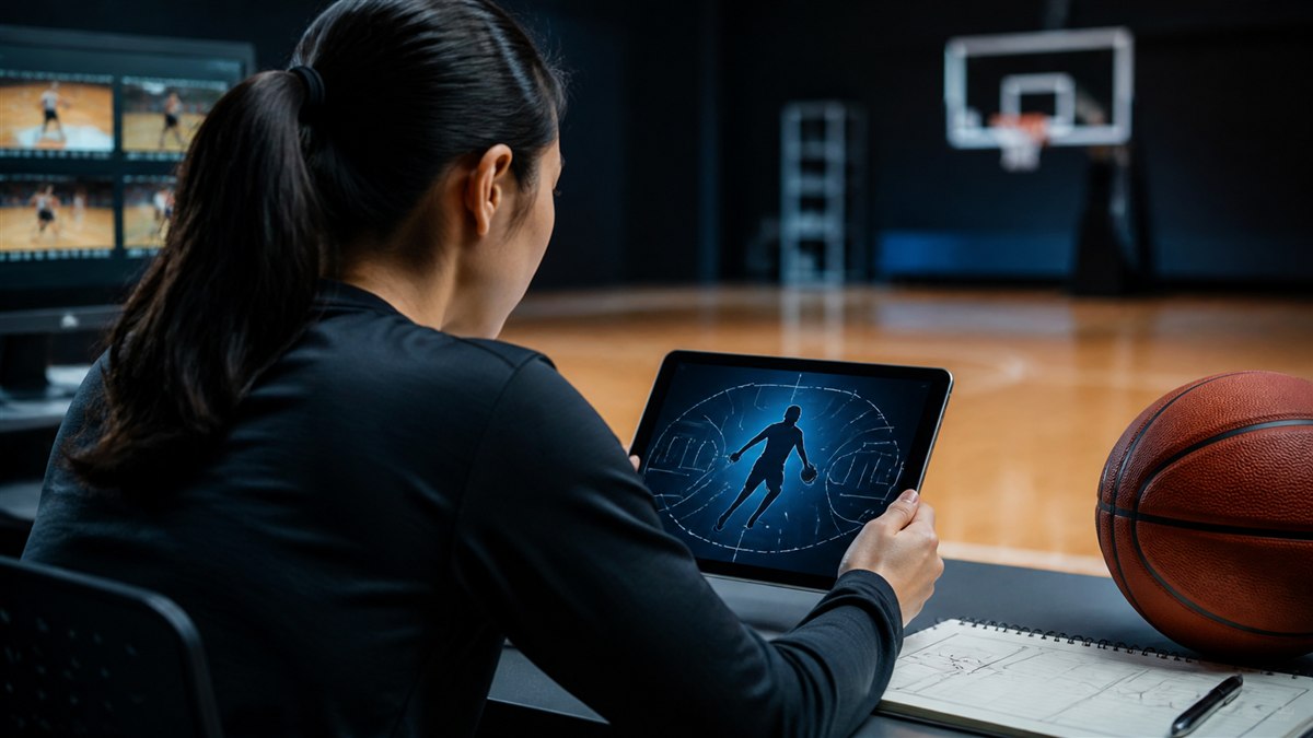 男女のバスケットボール選手がプレーを研究する匿名イメージ