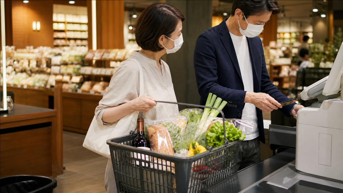 スーパーマーケットで買い物をする男女のイメージ